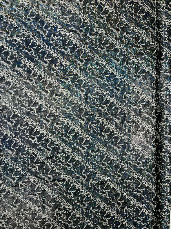 Black Shattered Glass Snake Design Nylon Spandex Fabric, 4-Way Stretch, Medium Weight, Sold by The Yard