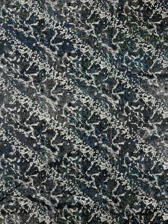 Black Shattered Glass Snake Design Nylon Spandex Fabric, 4-Way Stretch, Medium Weight, Sold by The Yard