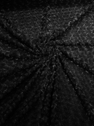Black 58" Wide Minky Swirl Rose Blossom Ball Rosebud Plush Fur Fabric Polyester-Sold by Yard.