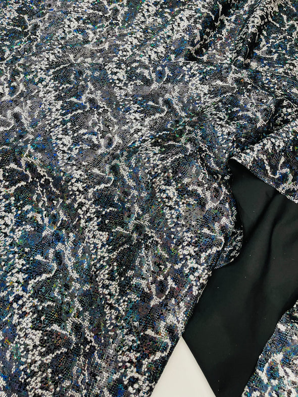 Black Shattered Glass Snake Design Nylon Spandex Fabric, 4-Way Stretch, Medium Weight, Sold by The Yard
