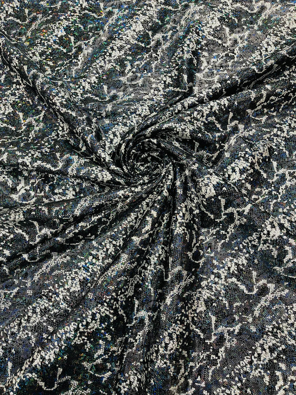 Black Shattered Glass Snake Design Nylon Spandex Fabric, 4-Way Stretch, Medium Weight, Sold by The Yard
