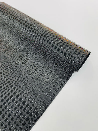 Black Glossy Two Tone Gator Fake Leather Upholstery, 3-D Crocodile Skin Texture Faux Leather PVC Vinyl/54" Wide