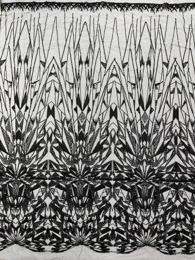 Black Geometric Beaded Design On A Mesh Lace Fabric (By The Yard)