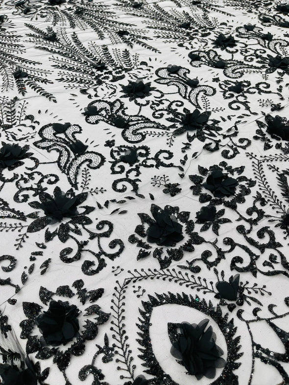 Floral 3D Palm Damask with glitter in a Mesh Lace- Sold by the yard.