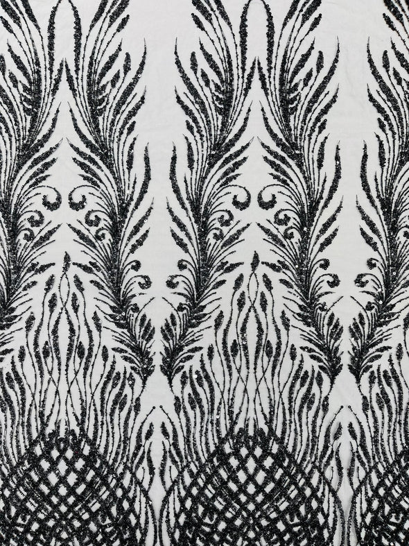 Black Feathers damask embroider and heavy beaded on a mesh lace fabric- Sold by the yard
