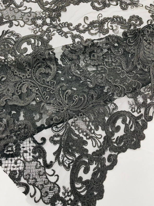 Black Embroidery Damask Design With Sequins On A Mesh Lace Fabric/Prom/Wedding