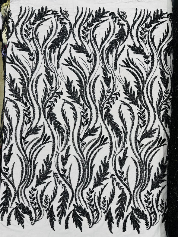 Black Luxury Festival Beaded Vine Lace Fabric, Sold by The Yard.