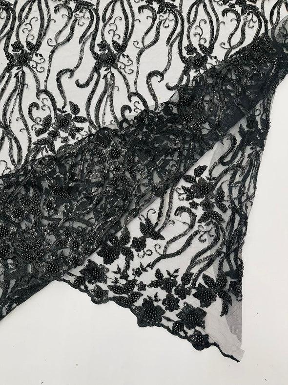Black Vine Floral Beaded Lace Sequin Embroider lace Sold By The Yard.