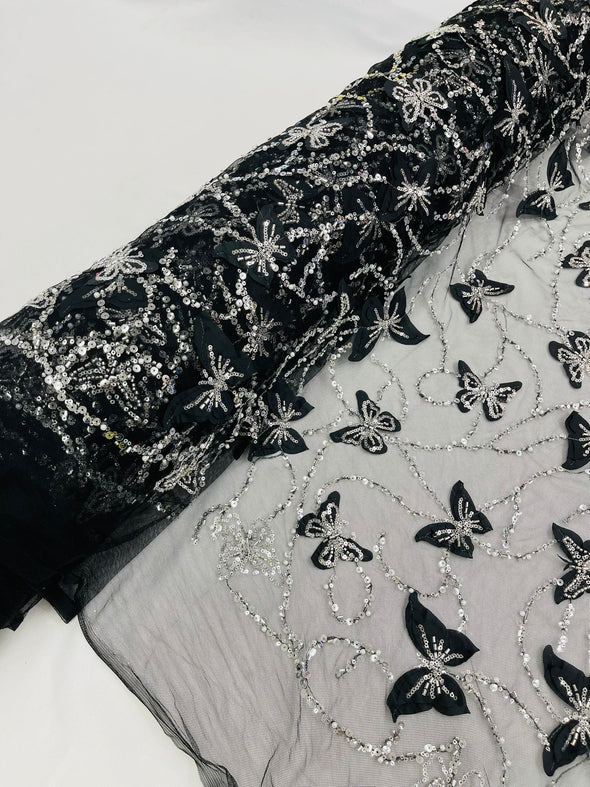 Black 3D Butterfly Design Embroider and Beaded on a Mesh Lace-Prom-Sold by yard.