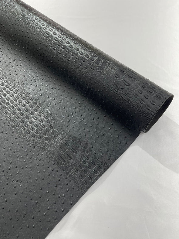 Black 54” Wide Gator/Ostrich Two Tone Fake Leather Upholstery, 3-D Crocodile Skin Texture Faux Leather Vinyl Fabric/By The Yard.