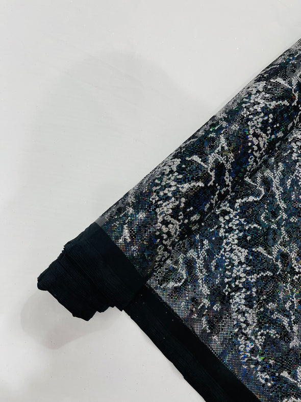 Black Shattered Glass Snake Design Nylon Spandex Fabric, 4-Way Stretch, Medium Weight, Sold by The Yard