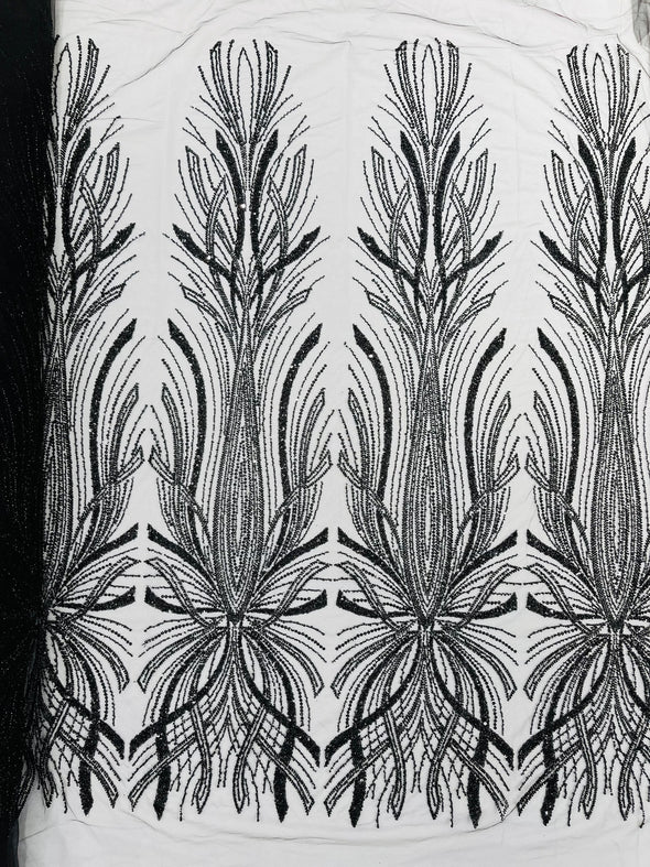 Palm Beaded Damask Design Fabric, Sold by The Yard.