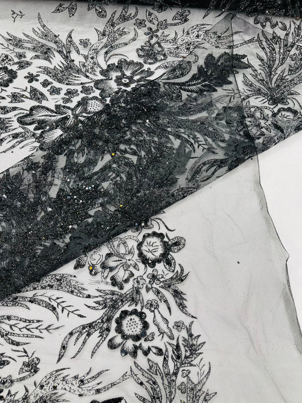 Big Glitter Damask Design On A Mesh Lace Fabric/Prom/Sold By The Yard