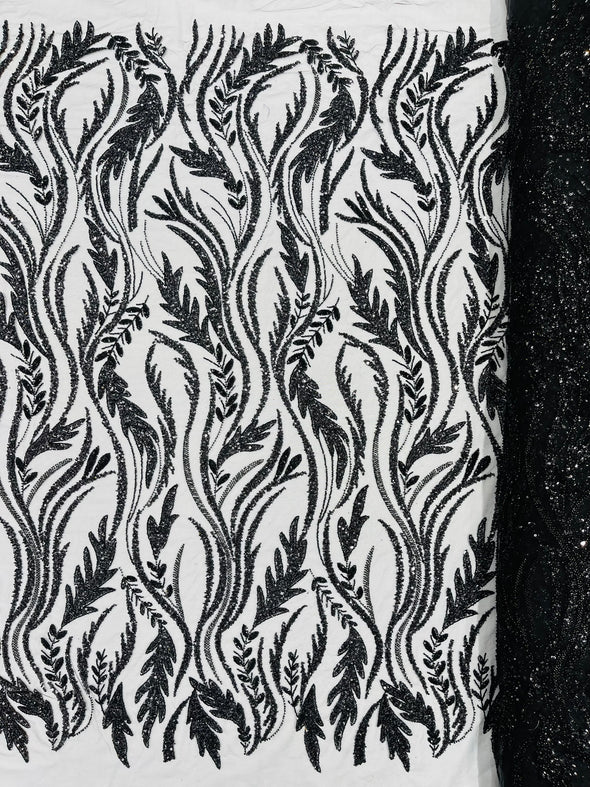Black Luxury Festival Beaded Vine Lace Fabric, Sold by The Yard.