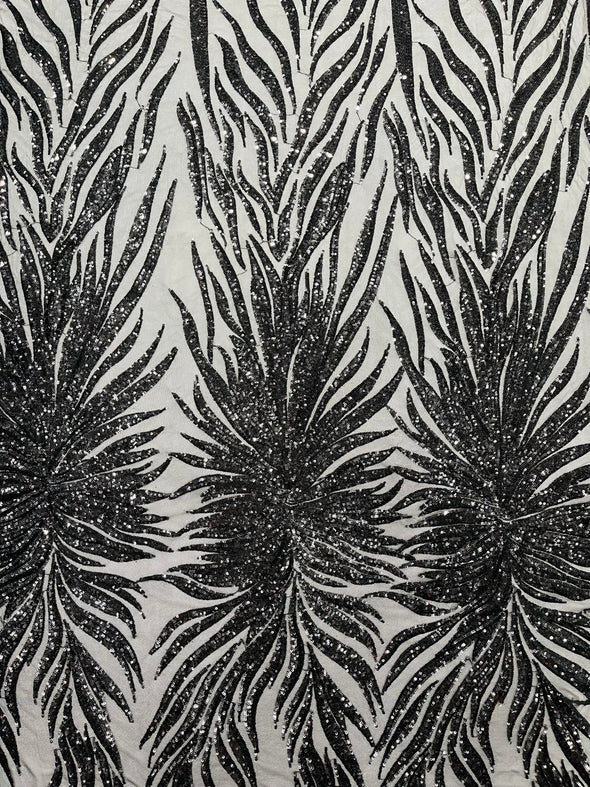 Black Phoenix Feather Design with Sequins Embroider on a Black 4 way Stretch Mesh Fabric- Sold by the yard.