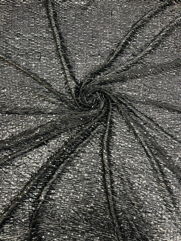 Black Vegas Beaded Sequin Stretch Mesh Fabric, Embroidered Design for Prom Gown, by The Yard