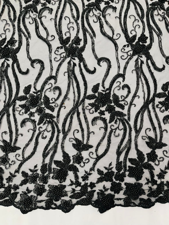 Black Vine Floral Beaded Lace Sequin Embroider lace Sold By The Yard.