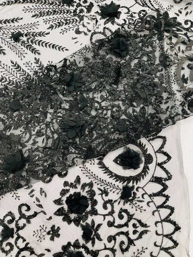 Floral 3D Palm Damask with glitter in a Mesh Lace- Sold by the yard.