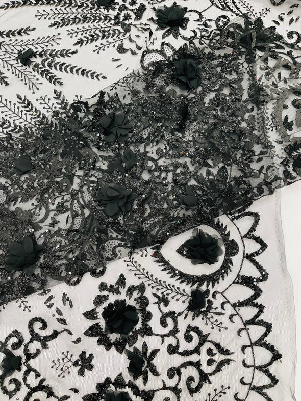 Floral 3D Palm Damask with glitter in a Mesh Lace- Sold by the yard.