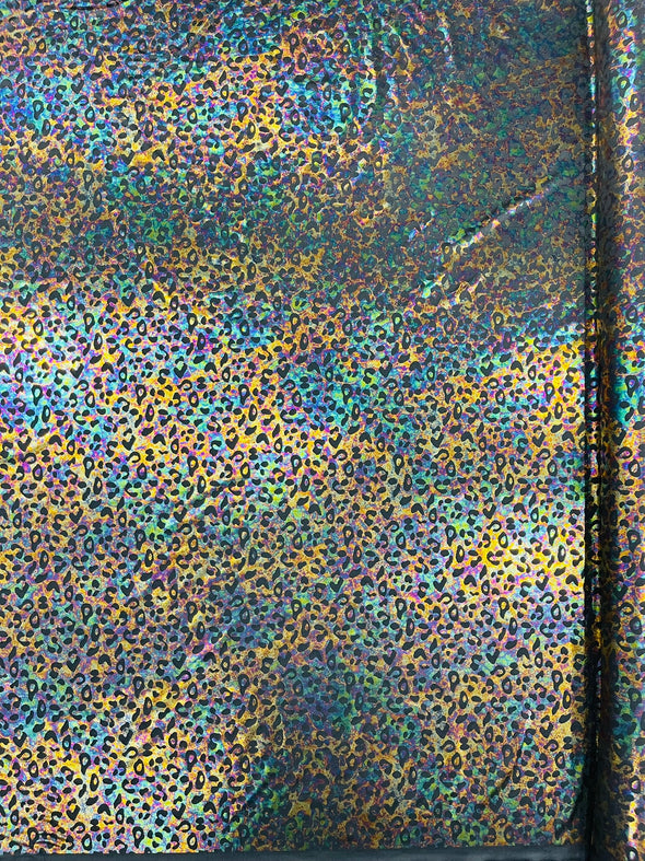 Leopard Oil Spill Metallic Print on a Stretch Nylon Spandex Tricot/Milliskin - Sold by the yard.