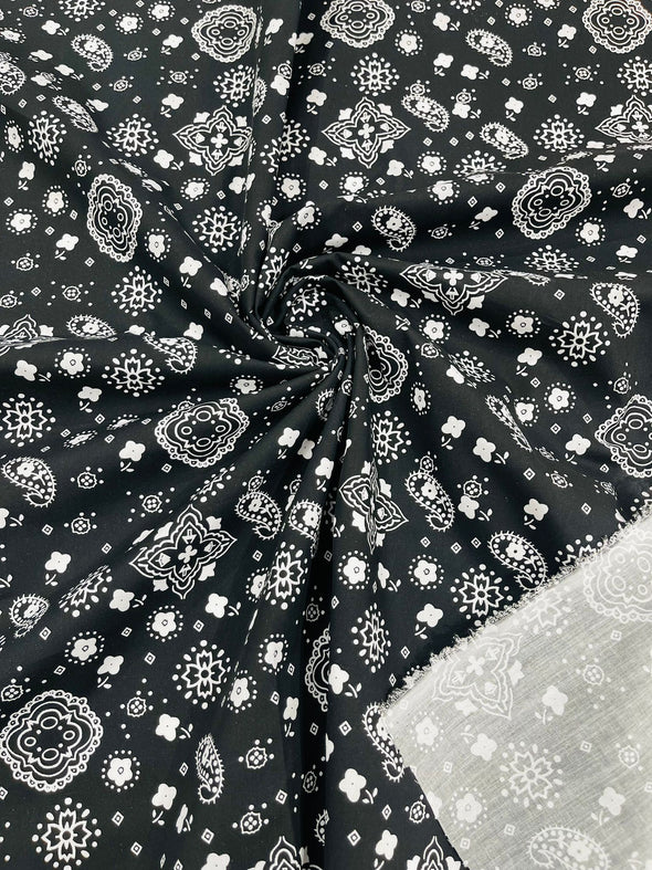 Black 58/59" Wide 65% Polyester 35 Percent Poly Cotton Bandanna Print Fabric, Good for Face Mask Covers, Sold By The Yard