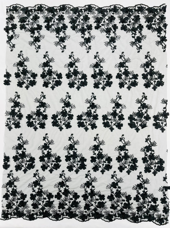 Multi Color 3D Floral Design Embroider with Pearls in a Mesh Lace -Sold by the yard.