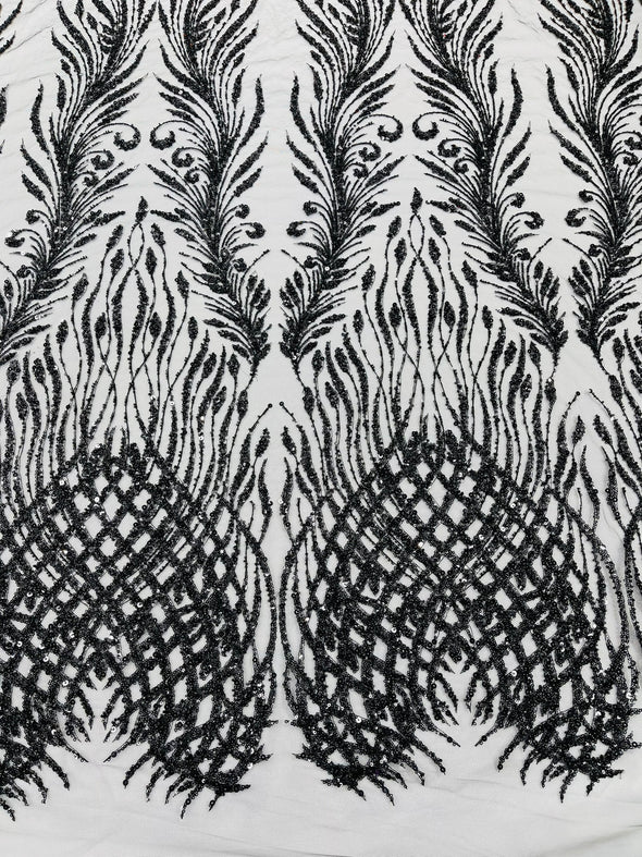 Black Feathers damask embroider and heavy beaded on a mesh lace fabric- Sold by the yard