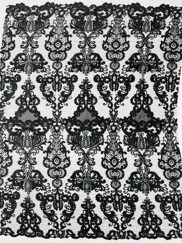 Black Embroidery Damask Design With Sequins On A Mesh Lace Fabric/Prom/Wedding