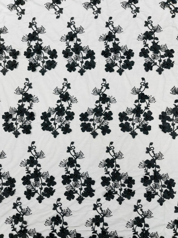 Multi Color 3D Floral Design Embroider with Pearls in a Mesh Lace -Sold by the yard.