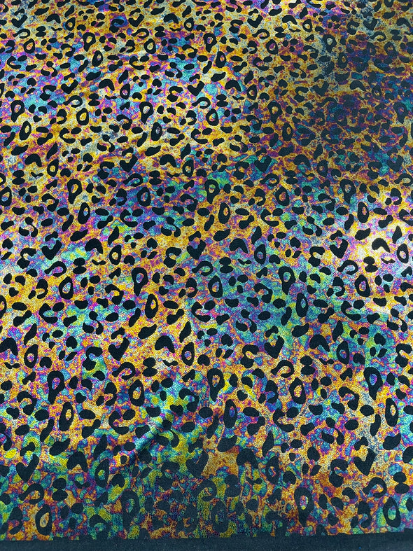 Leopard Oil Spill Metallic Print on a Stretch Nylon Spandex Tricot/Milliskin - Sold by the yard.