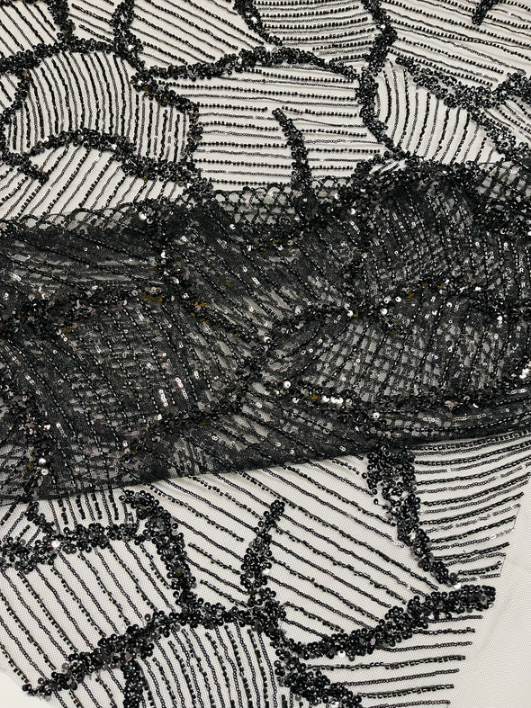 Black Leaf Embroider and Heavy Beaded on a Mesh Lace Fabric-Wedding-Prom-Sold by the yard