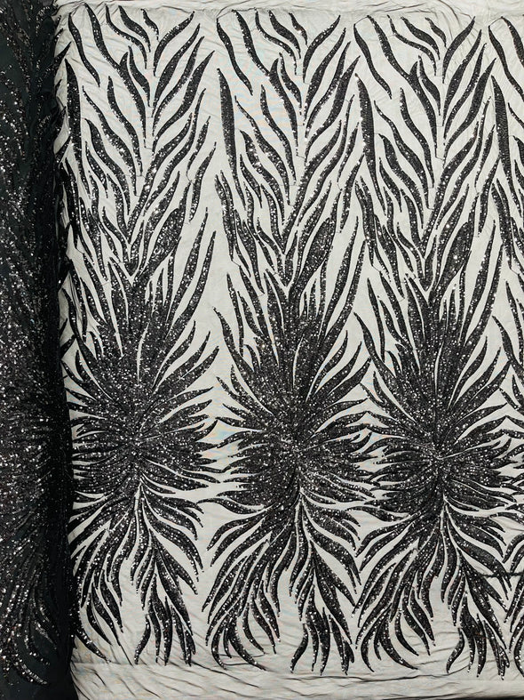 Black Phoenix Feather Design with Sequins Embroider on a Black 4 way Stretch Mesh Fabric- Sold by the yard.