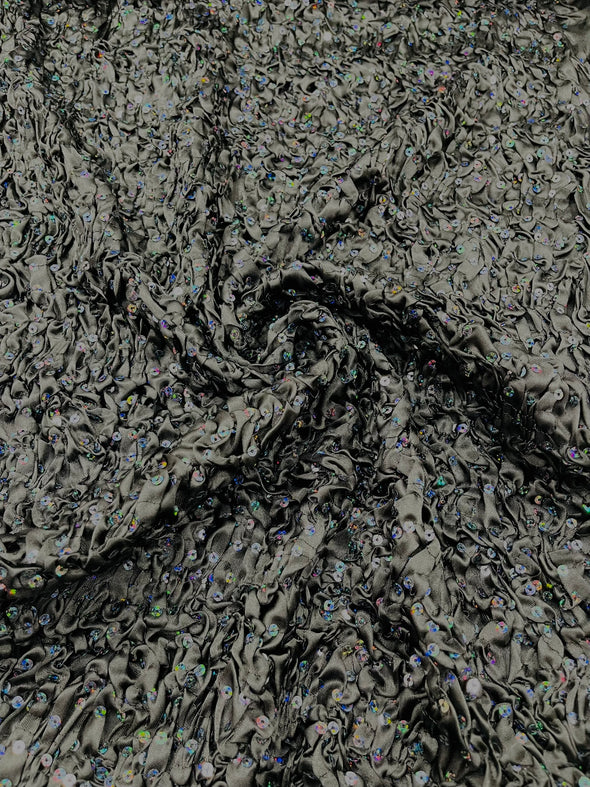 Pleated Stretch Satin Ruffle lace Trim With Hologram Sequin/24" Wide/Sold By The Yard.