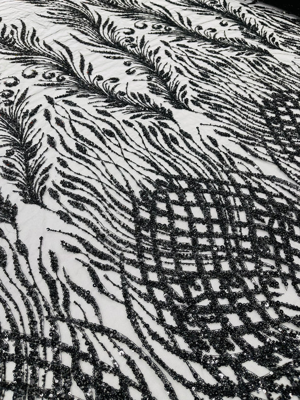 Black Feathers damask embroider and heavy beaded on a mesh lace fabric- Sold by the yard