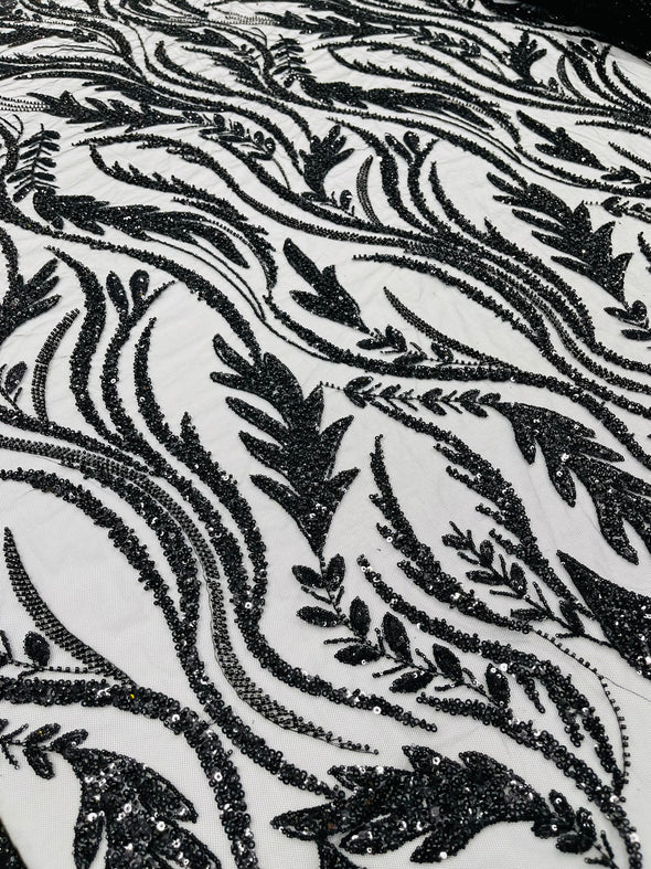 Black Luxury Festival Beaded Vine Lace Fabric, Sold by The Yard.