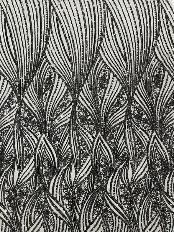 Shiny geometric Feather wing shiny sequin design on a 4 way stretch mesh Fabric-prom-sold by the yard.