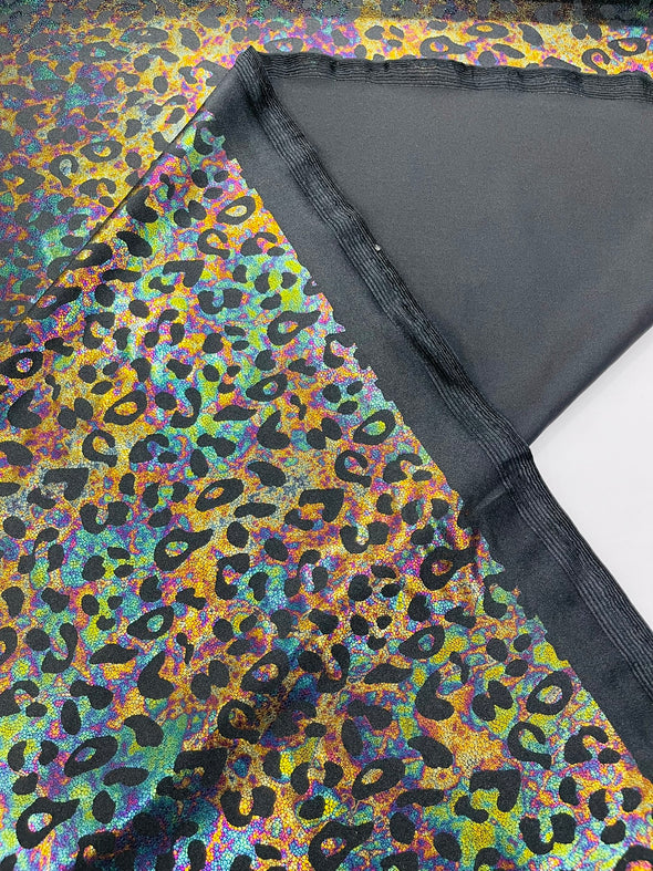 Leopard Oil Spill Metallic Print on a Stretch Nylon Spandex Tricot/Milliskin - Sold by the yard.