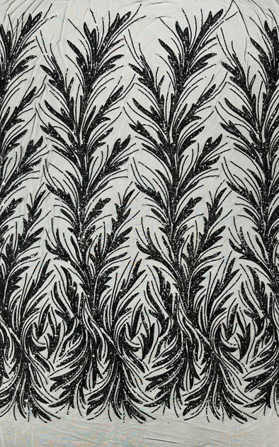 Black Feather damask shiny sequin design on a 4 way stretch mesh Fabric-prom-Sold by the yard