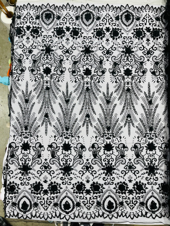 Floral 3D Palm Damask with glitter in a Mesh Lace- Sold by the yard.