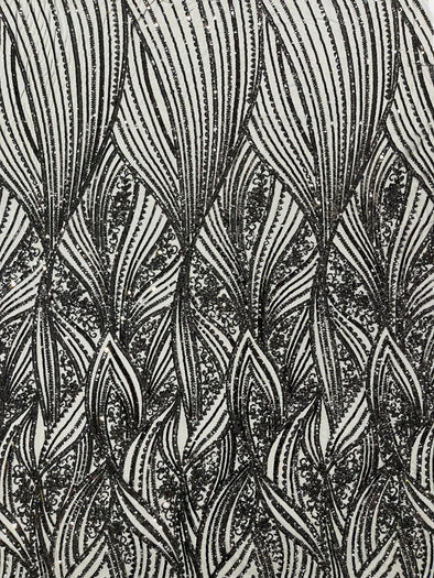 Black Shiny Geometric Feather wing shiny sequin design on a 4 way stretch mesh Fabric-prom-sold by the yard.