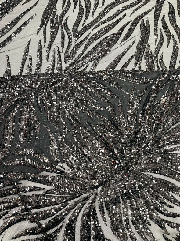 Black Phoenix Feather Design with Sequins Embroider on a Black 4 way Stretch Mesh Fabric- Sold by the yard.