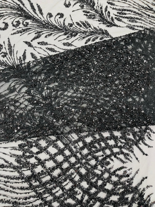 Black Feathers damask embroider and heavy beaded on a mesh lace fabric- Sold by the yard