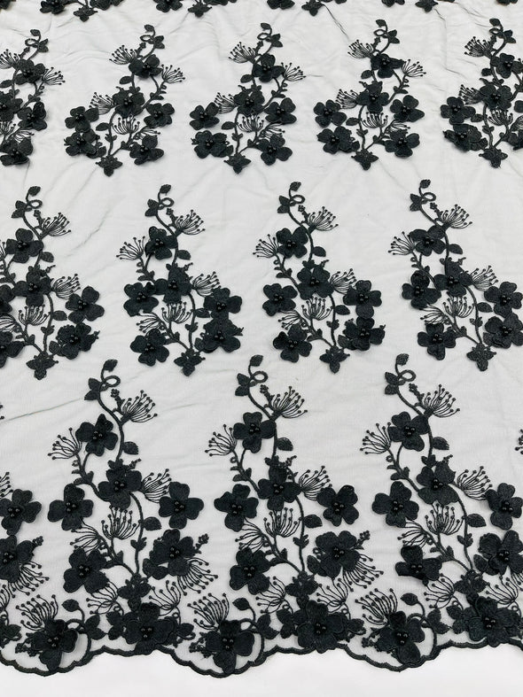 Multi Color 3D Floral Design Embroider with Pearls in a Mesh Lace -Sold by the yard.