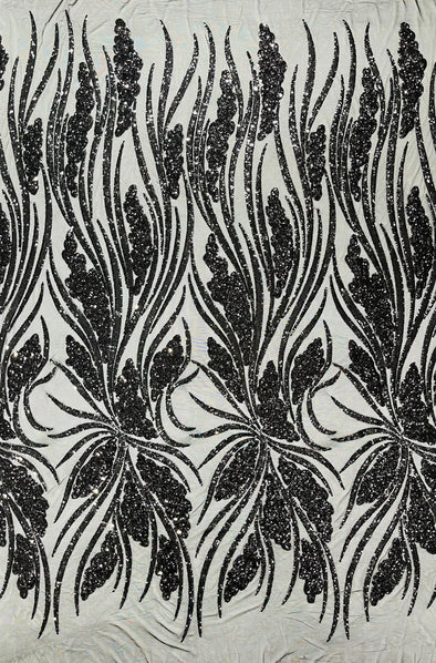 Black Feather damask shiny sequin design on a 4 way stretch mesh Fabric-prom-Sold by the yard