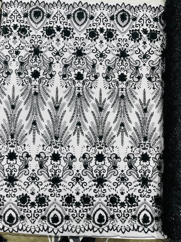 Floral 3D Palm Damask with glitter in a Mesh Lace- Sold by the yard.