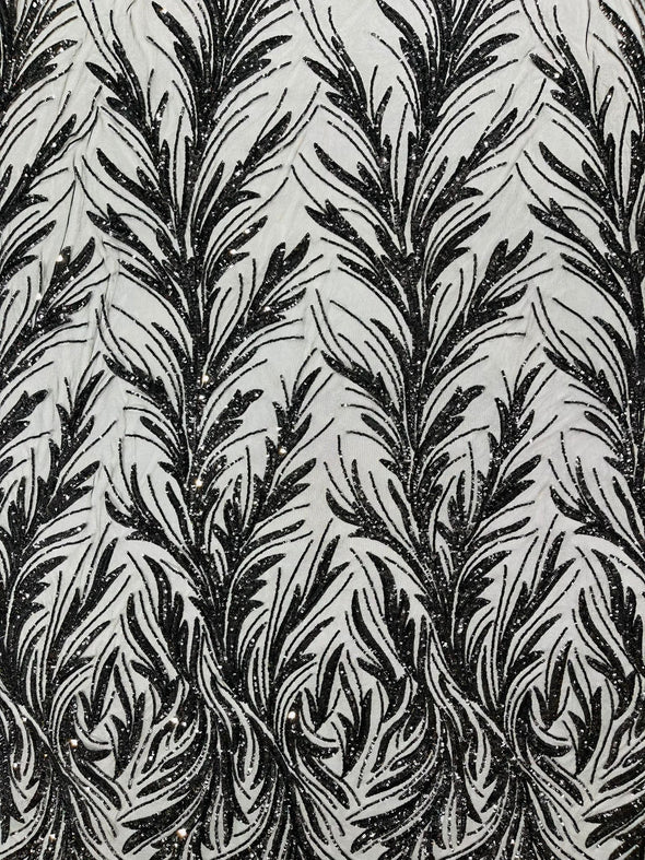 Feather damask shiny sequin design on a 4 way stretch mesh Fabric-prom-Sold by the yard