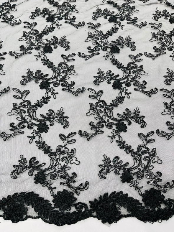 Black Flower lace corded and embroider with sequins on a mesh- Sold by the yard
