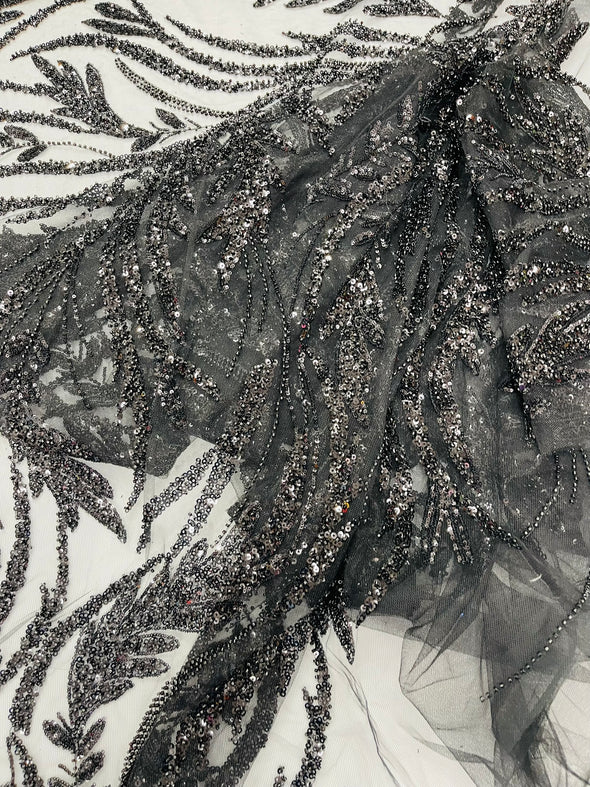 Black Luxury Festival Beaded Vine Lace Fabric, Sold by The Yard.