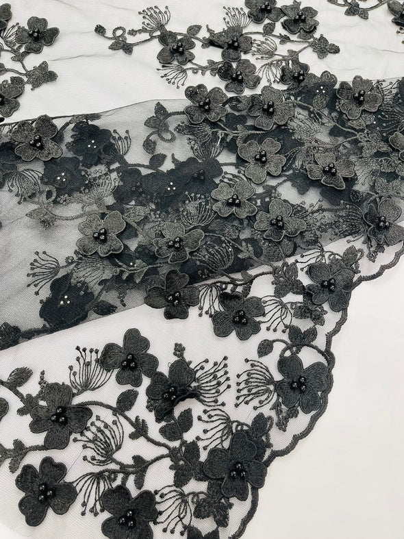 Multi Color 3D Floral Design Embroider with Pearls in a Mesh Lace -Sold by the yard.