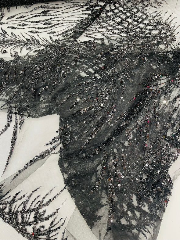Black Feathers damask embroider and heavy beaded on a mesh lace fabric- Sold by the yard